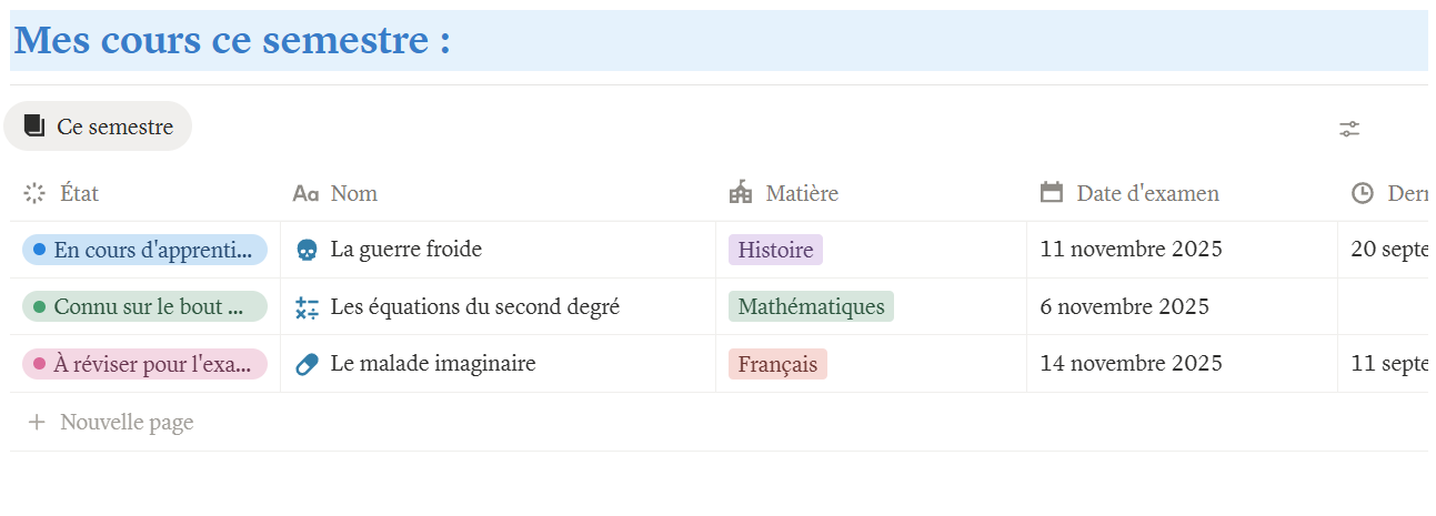 Vue des cours du tableau de bord étudiant