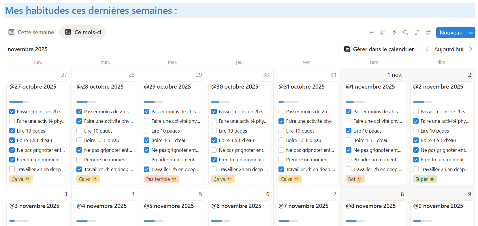 Vue calendrier du tracker d'habitudes
