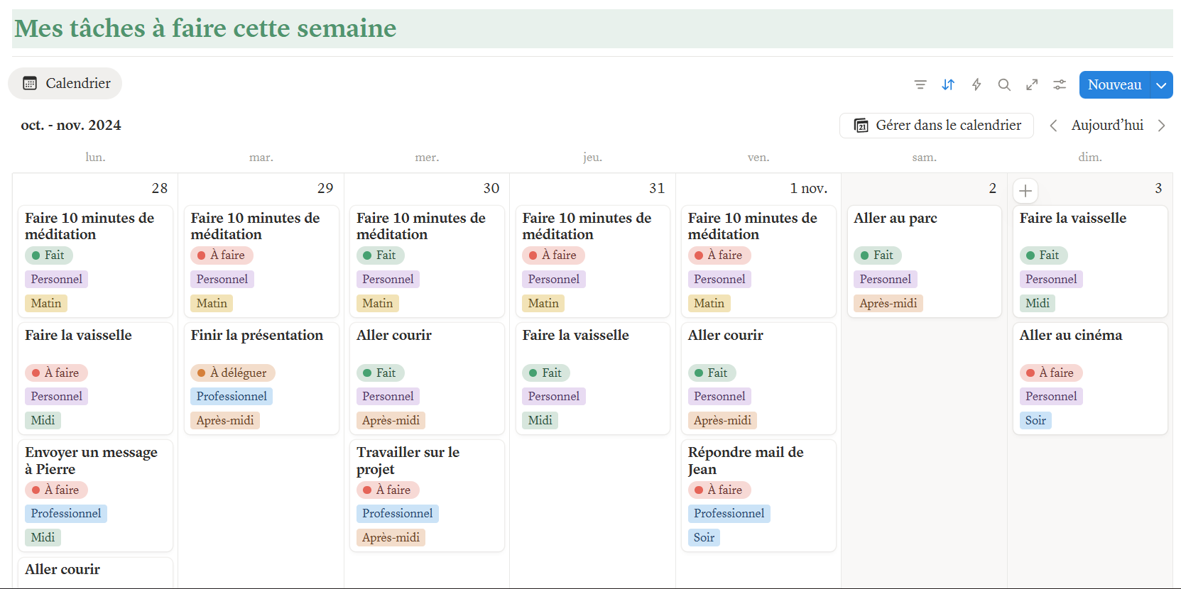 Vue quotidienne du template Organisation en blocs